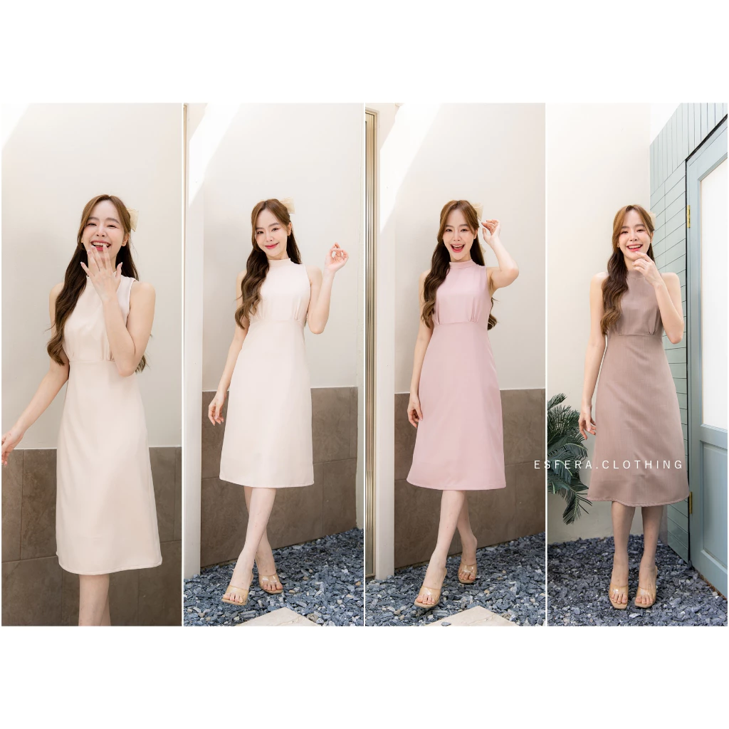 DR077-2 Beige Herri Dressเดรสคอจีนแต่งโบว์หลัง