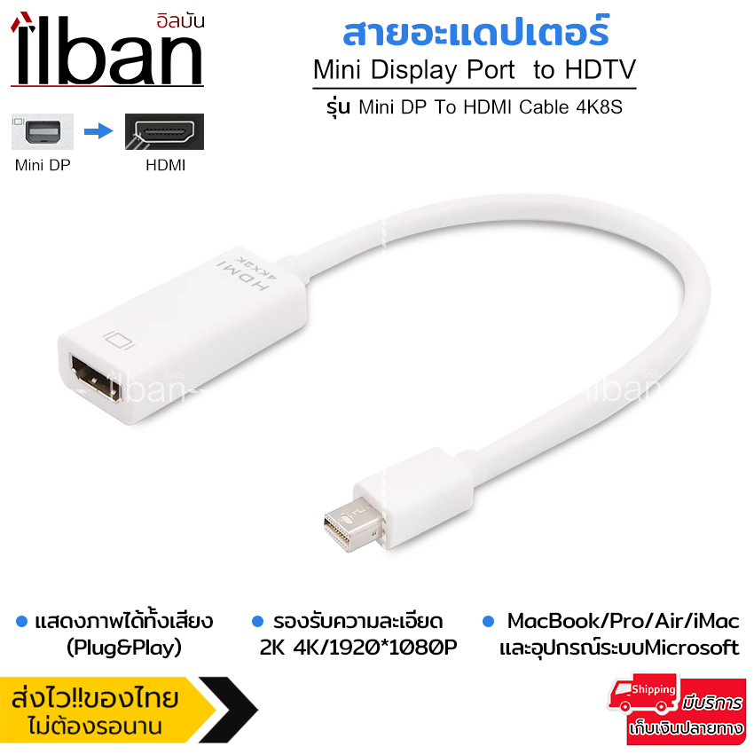ilban mini Display Port  to HDTV รองรับความละเอียด 2K 4K/1920*1080P สายยาว23cm ภาพชัด สัญญาณเสถียร ส