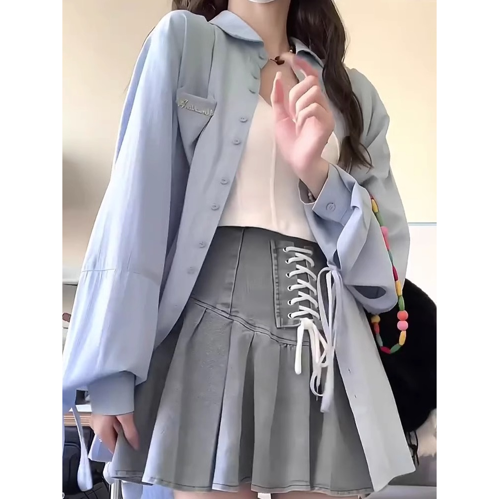 🌺PBB009🌺เสื้อเชิ้ตสีฟ้าแขนยาวคอปกผู้หญิงแบบมีกระเป๋า oversize เสื้อทํางานแฟชั่นเกาหลีลำลองสไตล์ย้อนย