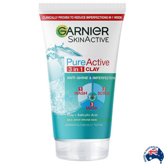 GARNIER Skin Active PURE ACTIVE 3in1 Clay Anti Spots&amp;Marks 150ml ผลิตภัณฑ์ทำความสะอาดผิวหน้ากระจ่างใสสูตรพิเศษ