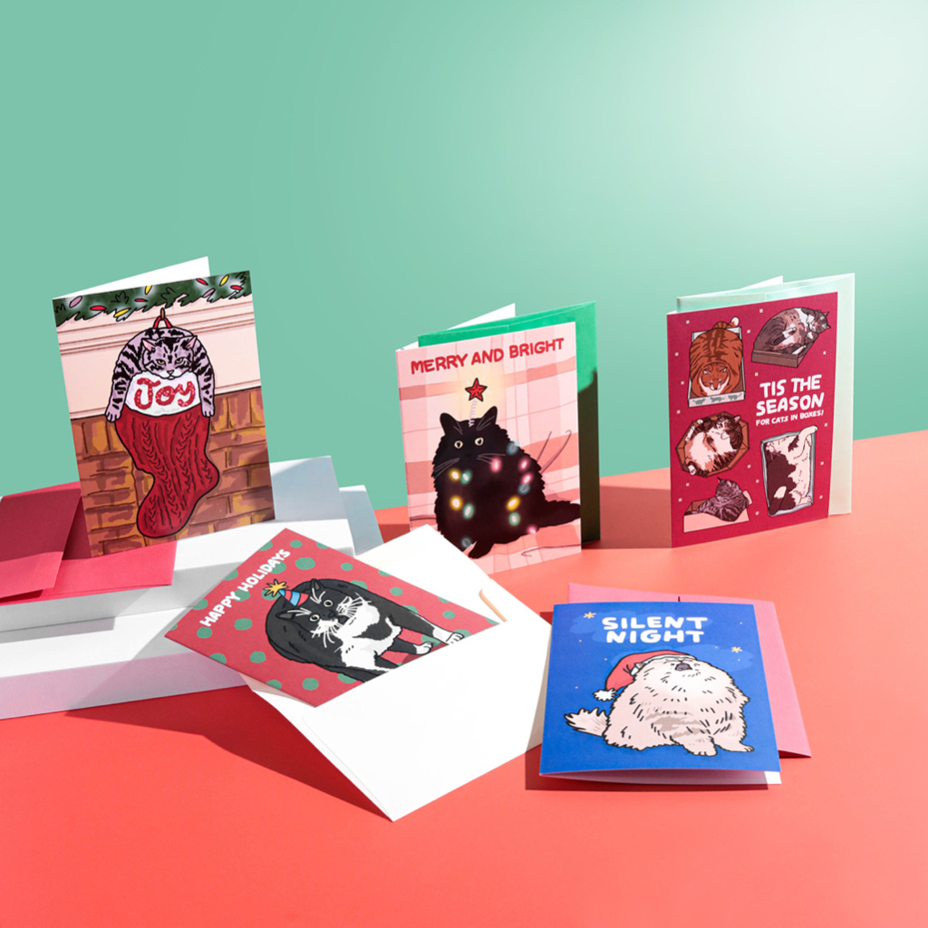 การ์ด คริสต์มาส มีหลายลาย ลายแมว Merry and Bright funny merry Christmas card Santa Cat Christmas