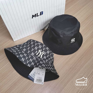 ของแท้ 💯% MLB Monogram Classic Reversible Bucket Hat หมวกปีกสีดำ ป้ายแท็กเกาหลี  🇰🇷