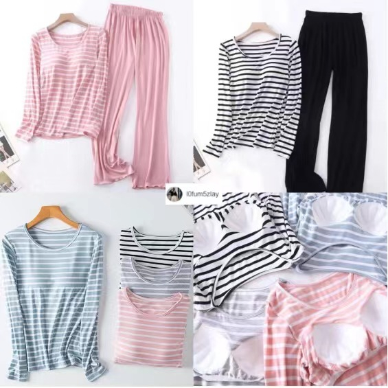 M-4XL (มีฟองน้ํา)ชุดนอนแขนยาว， ลายขวาง，ความสะดวกสบายในการสวมใส่，4 สี，คํากล่าวที่ได้รับความนิยมอย่างมาก