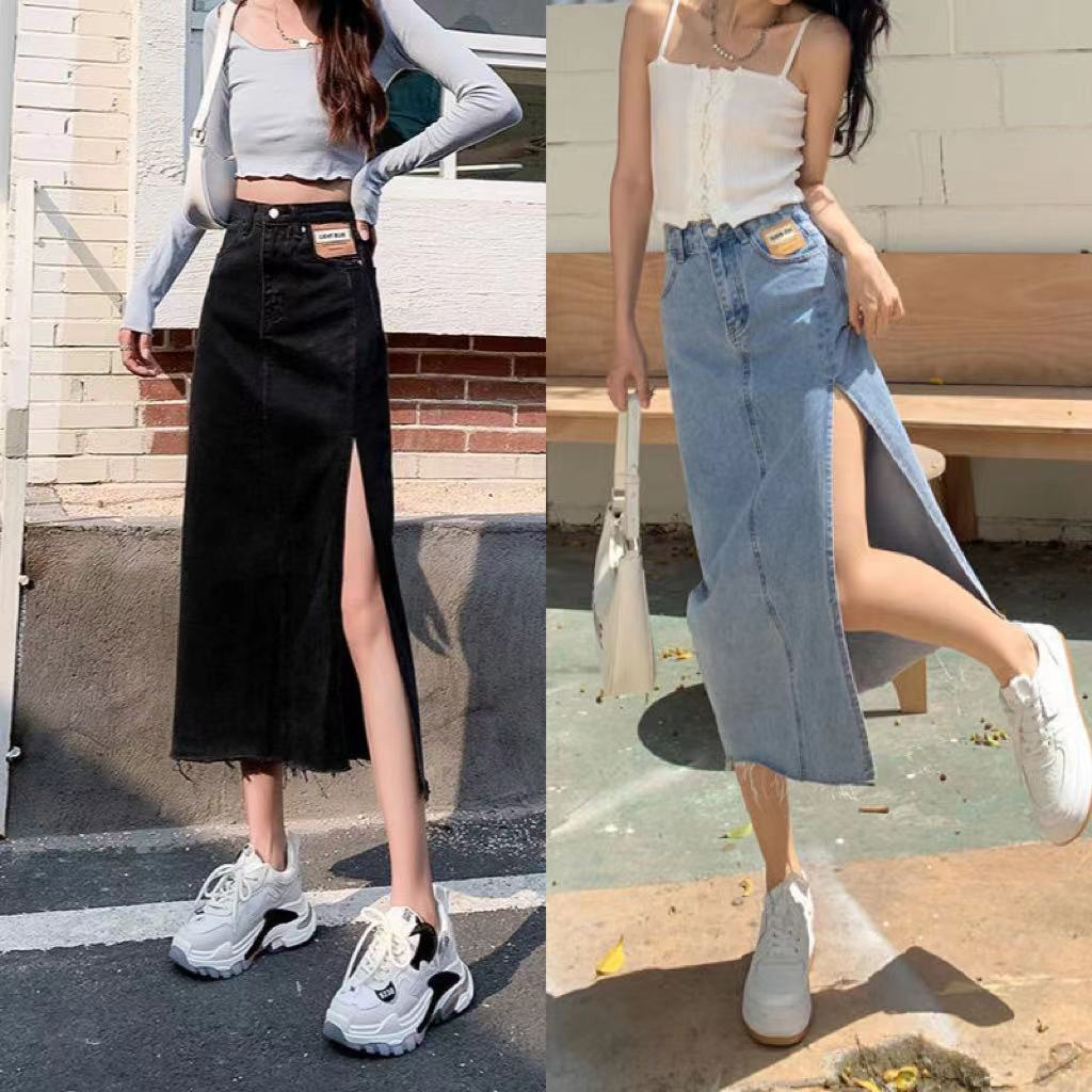 พร้อมส่ง กระโปรงยีนส์ยาว เอวสูงทรงเอแหวกข้าง ใส่สวยสบายเซ็กซี่ ดูขายาว
