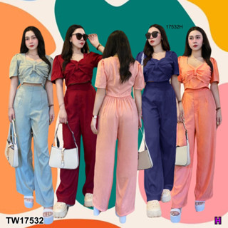 TwinsShopVip💗พร้อมส่ง TW17532 Set 2 ชิ้น เสื้อทรงครอปอกแต่งโบว์ + กางเกงขายาว