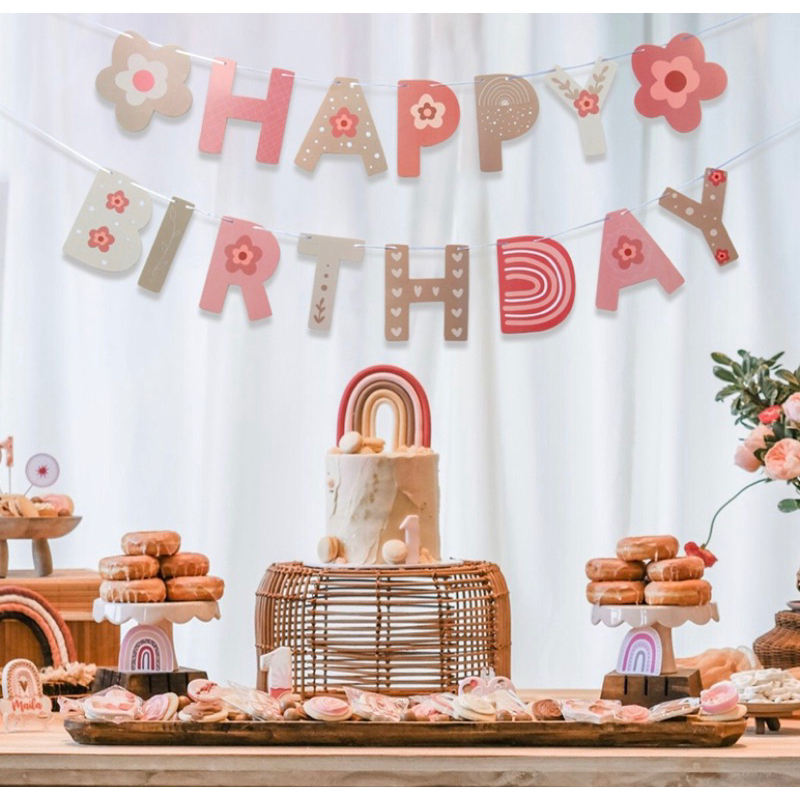 ธงแบนเนอร์กระดาษhappy birthday ดอกไม้สีชมพู สําหรับแขวนตกแต่งปาร์ตี้วันเกิดเด็ก