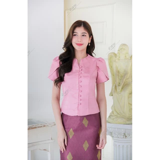 เสื้อผ้าไหมอัดผ้ากาว แต่งจีบคอแขนกลีบบัว(เฉพาะเสื้อ)