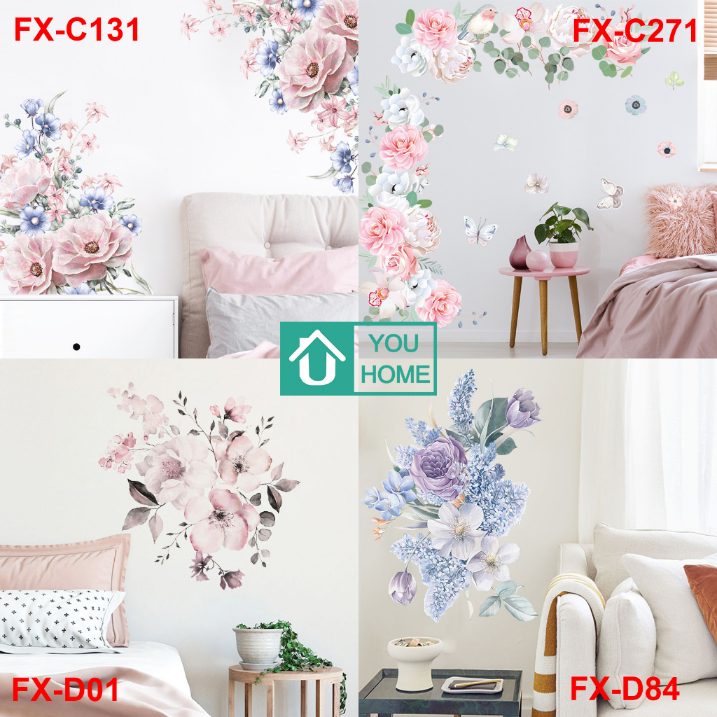 สติ๊กเกอร์ติดผนัง ลายดอกไม้ ของตกแต่งบ้าน ติดเองได้ง่าย สติ๊กเกอร์ตกแต่งผนัง วอลเปเปอร์