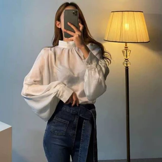C09✨เสื้อแขนบอลลูนยาวสาวอวบ 100kg++ อก 30-60 นิ้ว คอด้านหลังผูกโบว์ ผ้าซาร่าอย่างดี ไฮโซมากกกกกก XXXXL ใส่ทำงานสวย