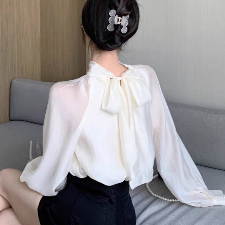 C09✨เสื้อแขนบอลลูนยาวสาวอวบ 100kg++ อก 30-60 นิ้ว คอด้านหลังผูกโบว์ ผ้าซาร่าอย่างดี ไฮโซมากกกกกก XXXXL ใส่ทำงานสวย - รูปที่ 4