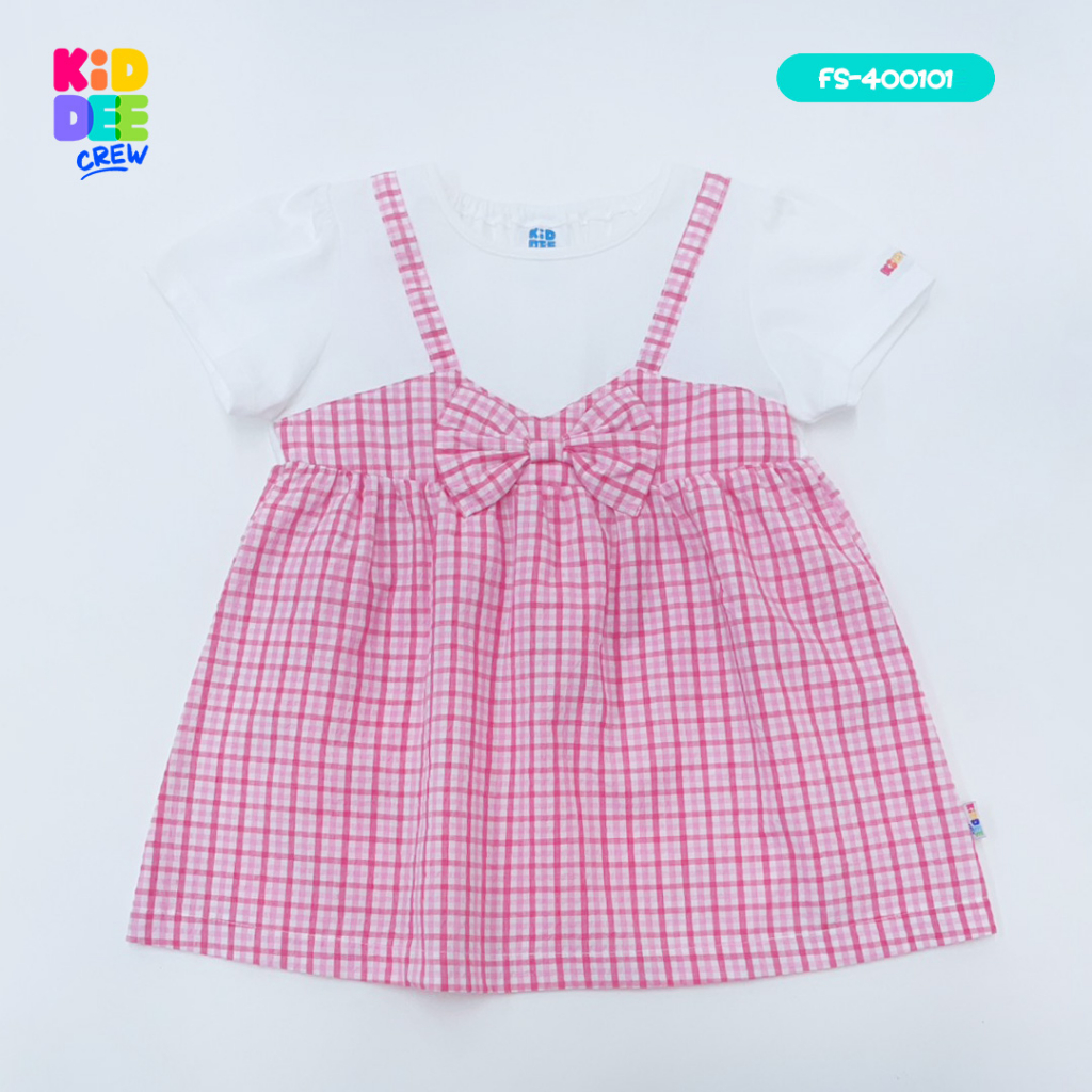 KiddeeCrew เสื้อแขนสั้นสีขาวครีมริ้วชมพูมีโบว์ เหมาะสำหรับอายุ 1-10 ปี