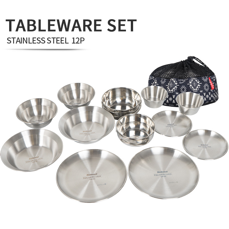 Nobana จานชามสแตนเลส ชุด 12-18 ชิ้น Camping Tableware 12-18P