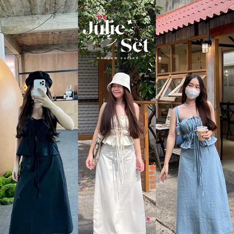 Julie Set เซ็ตเสื้อสายเดี่ยวตัวสั้นแบบผูก3ชั้น+กระโปรงทรงเอยาว