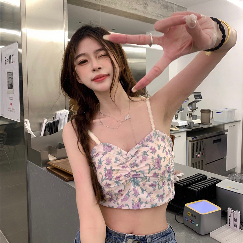พร้อมส่ง เสื้อสายเดี่ยวผ้าชีฟอง มีฟองน้ำ ลายลูกไม้ # 387