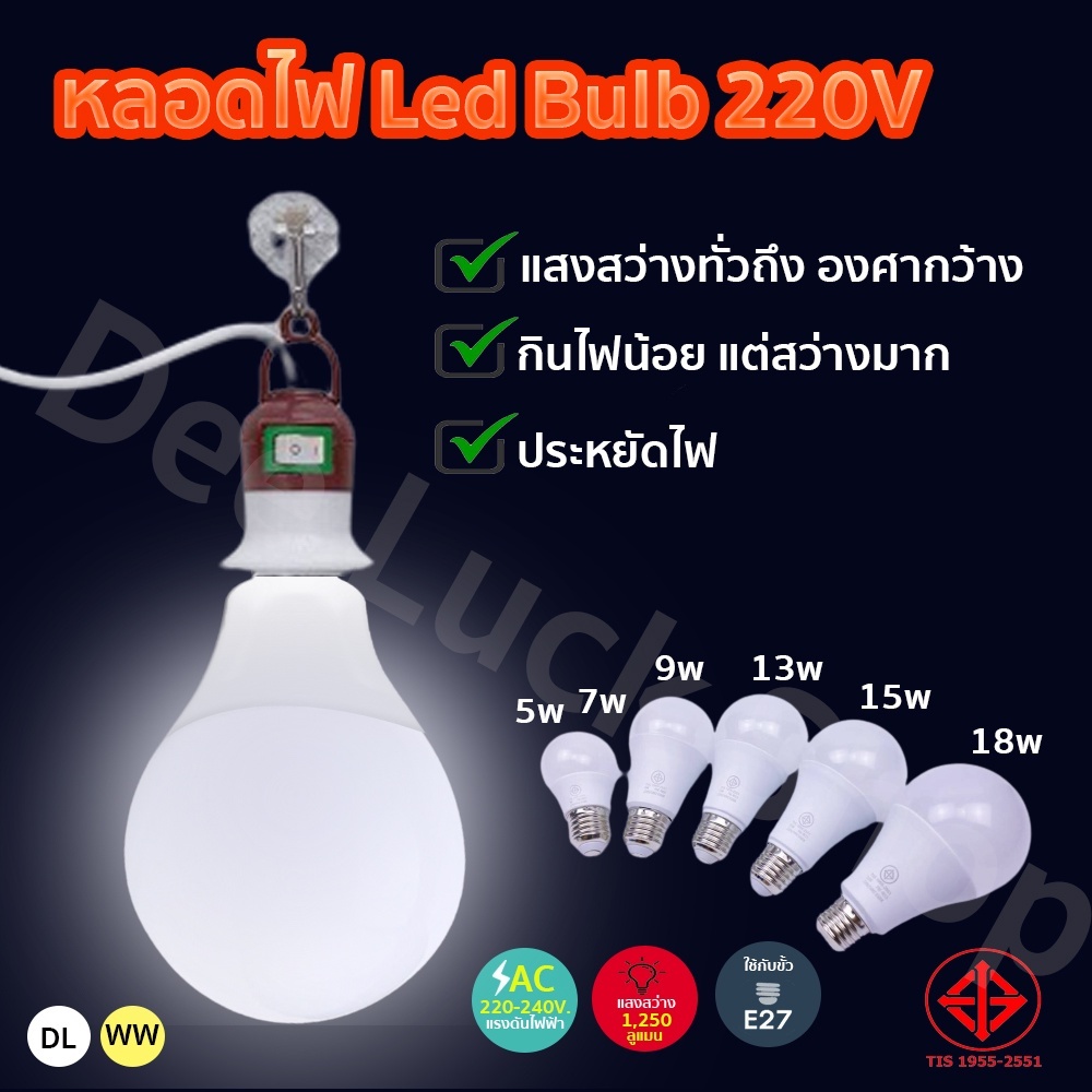 หลอดไฟ LED หลอดไฟกลม ขั้วE27 ใช้ไฟฟ้า220V สว่างนวลตา 5W 7W 9W 13W 15W 18W 22W แสงสีขาว T8