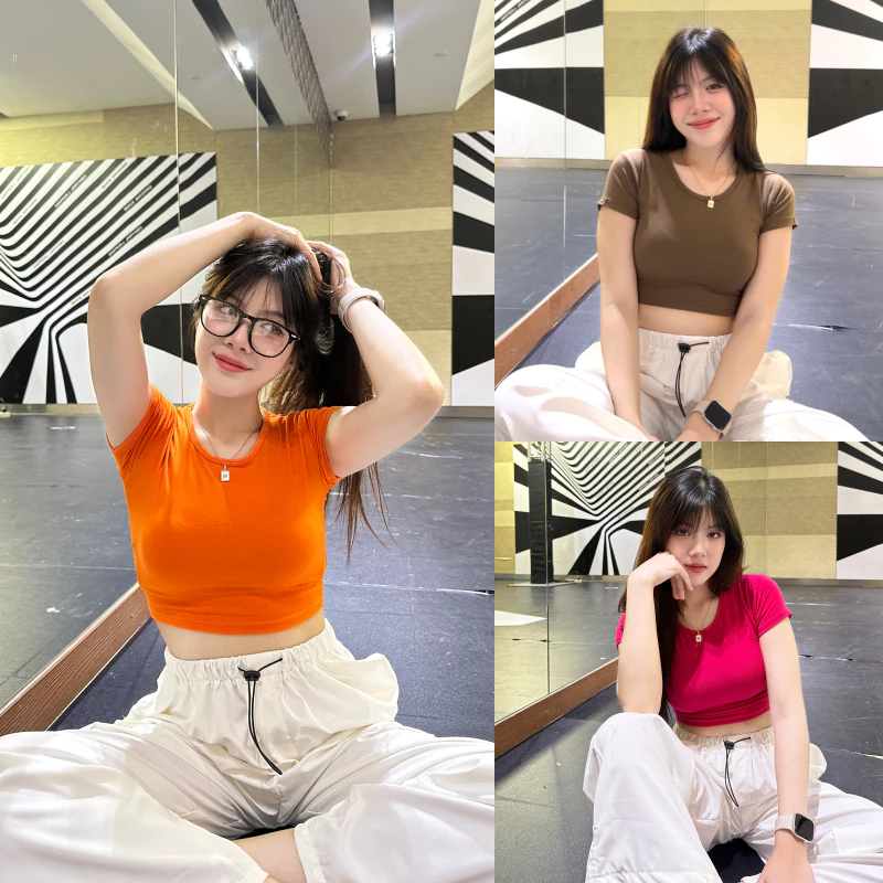 🌈SpinnyHouse🌈 เสื้อครอปแขนสั้น ผ้าเรย่อน ยืดตามตัว สาวอวบใส่ได้ 🧸 รุ่น ครอปเรียบ B-045-2-A