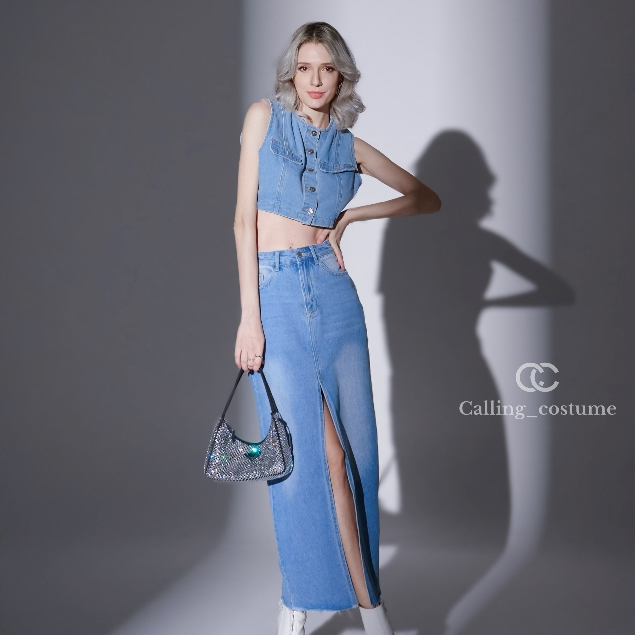 CALLING_COSTUME เสื้อกั๊กยีนส์ แมชชิ่งกับกระโปรงยีนส์ผ่าหน้า สวย เท่ Top Jean (CL201) Skirt Jean (CL