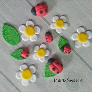 น้ำตาลแต่งหน้าเค้ก จัดเซตรูปแมลงเต่าทอง + ดอกไม้ + ใบไม้  คล…