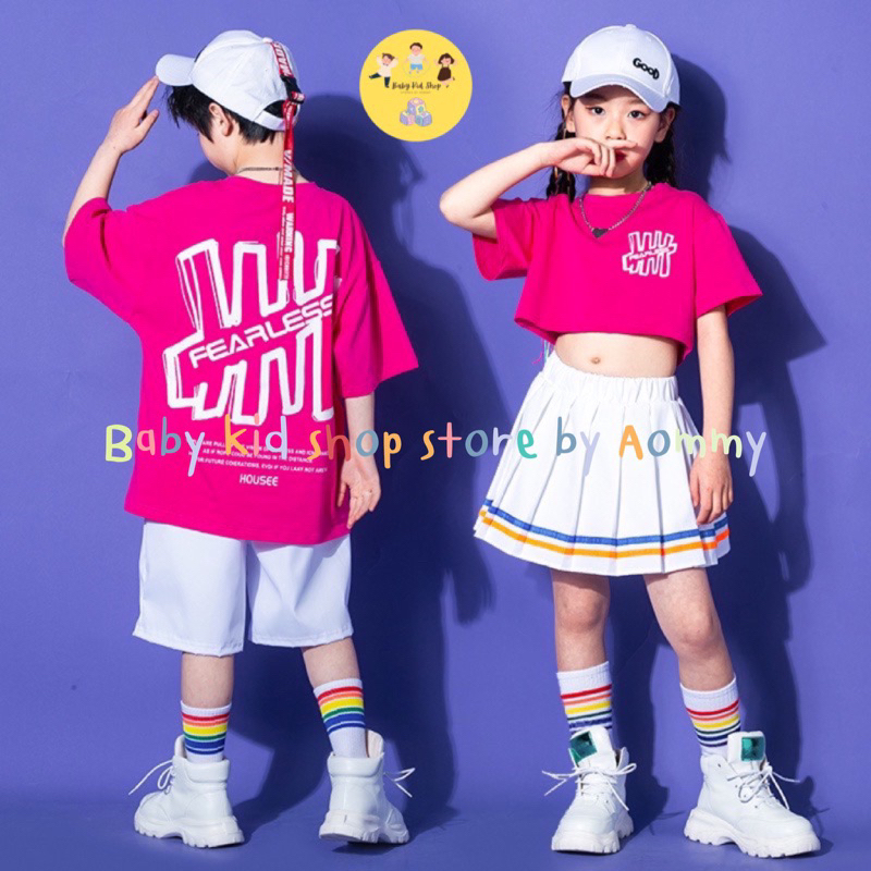 (พร้อมส่ง) ชุดเซตเสื้อครอป+กระโปรงสั้น/กางเกงขาสั้น สไตล์ฮิปฮอป แนวสตรีทชมพู สำหรับเด็กผู้หญิง/เด็กผู้ชาย (แยกขาย)