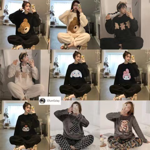 🧸(ราคาต่ำสุด)ชุดนอนกันหนาวสไตล์เกาหลี，ลายปักน่ารักๆ，ผ้าฟลีซคอรัล，อุ่นสบาย，12 สไตล์，M-2XL