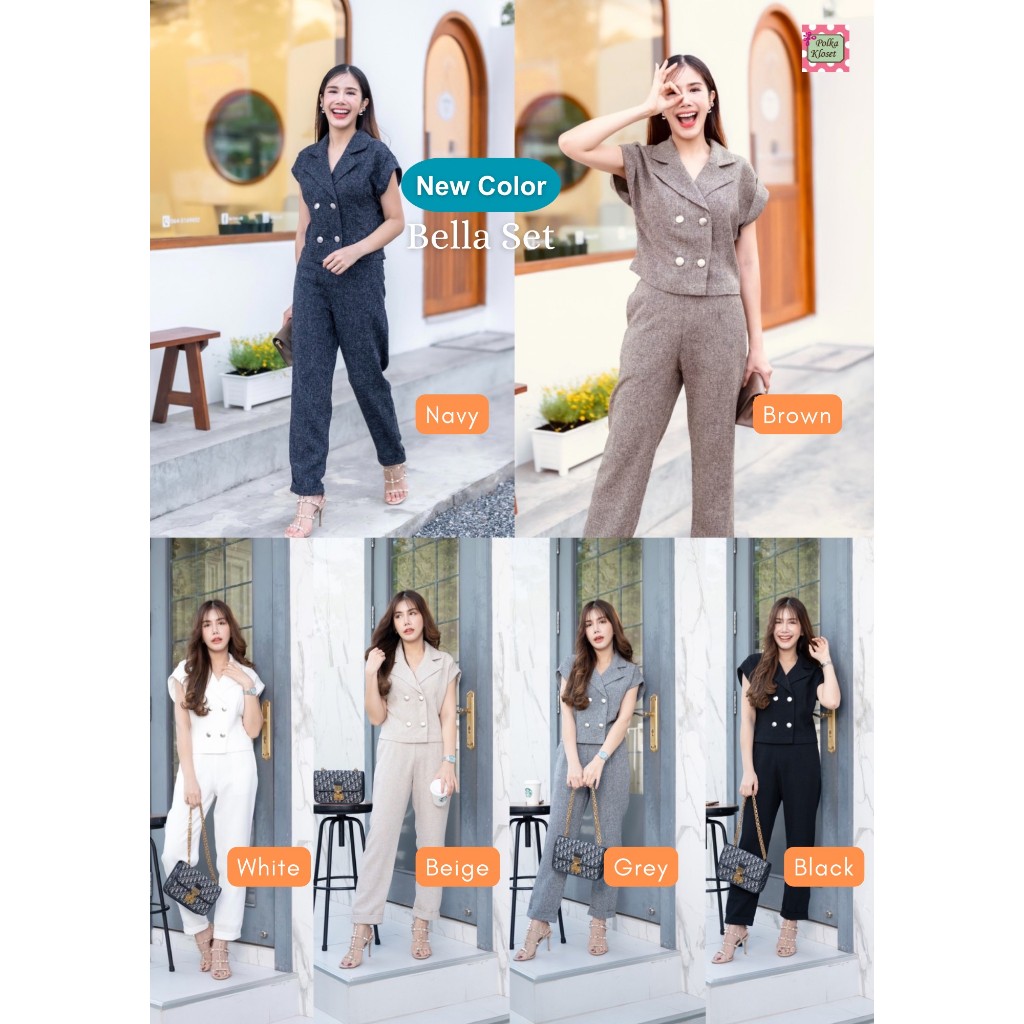 Bella Set ชุดเซท 2 ชิ้น ดีไซน์หรู เปิดกระดุมหน้า ใส่สบายไหล่ตกๆ พับเบิ้ลปลายแขน&ขา กางเกงเอวสูงเก็บหุ่น ซิปข้าง ยางหลัง