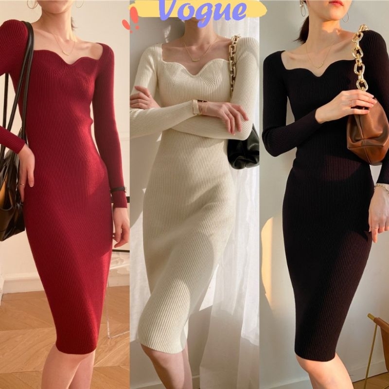 Vogue พร้อมส่ง ชุดเดรสถักคอเหลี่ยม ชุดเดรสยาวรัดรูปสีแดงแขนยาว บาง (BK379) -C