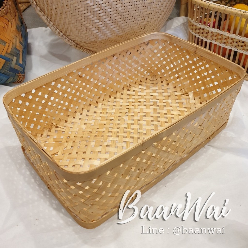บ้านหวาย-กล่องปิ่นโตไม้ไผ่ ปิ่นโตไม้ไผ่ ลายพิกุล ทรงสี่เหลี่ยม