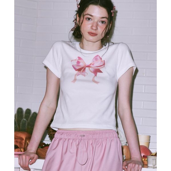 Ronron Double Ribbon Slim Crop T Shirt (White Pink, Black Pink, White Silver, Black Silver) / Gingham