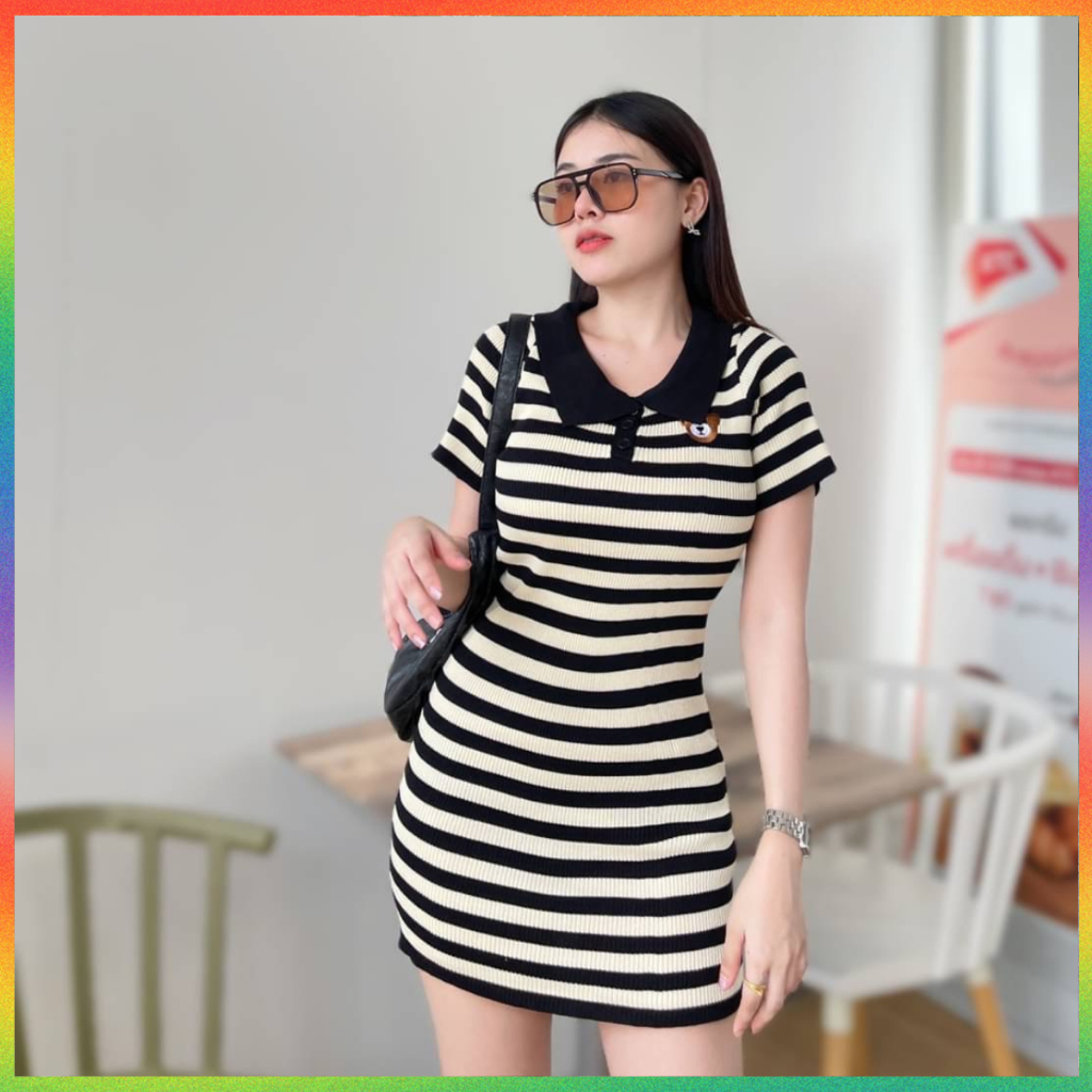 MesubShop มินิเดรส ทรงคอโปโลแขนสั้น ทอลายสลับสี ทรงรัดรูป ผ้ายืดตามตัว ผ้าไหมพรมนิ่ม ใส่สบายไม่คัน รุ่น ทำบุญ