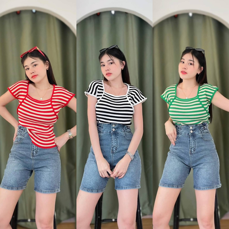 SpinnyHouse เสื้อแขนสั้น ผ้าไหมพรม แต่งกุ้นคาดไหล่ คอเหลี่ยม ทรงพรางหุ่นสุด สาวอวบใส่ได้ รุ่น ห้วยขวาง