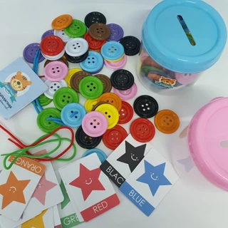 (พร้อมส่ง) กระดุมยักษ์ ฝึกทักษะ กระดุมแยกสี 10 สี บัตรคำศัพท์ 10ใบ เชือก 5-10 เส้น เสริมพัฒนาการเด็ก