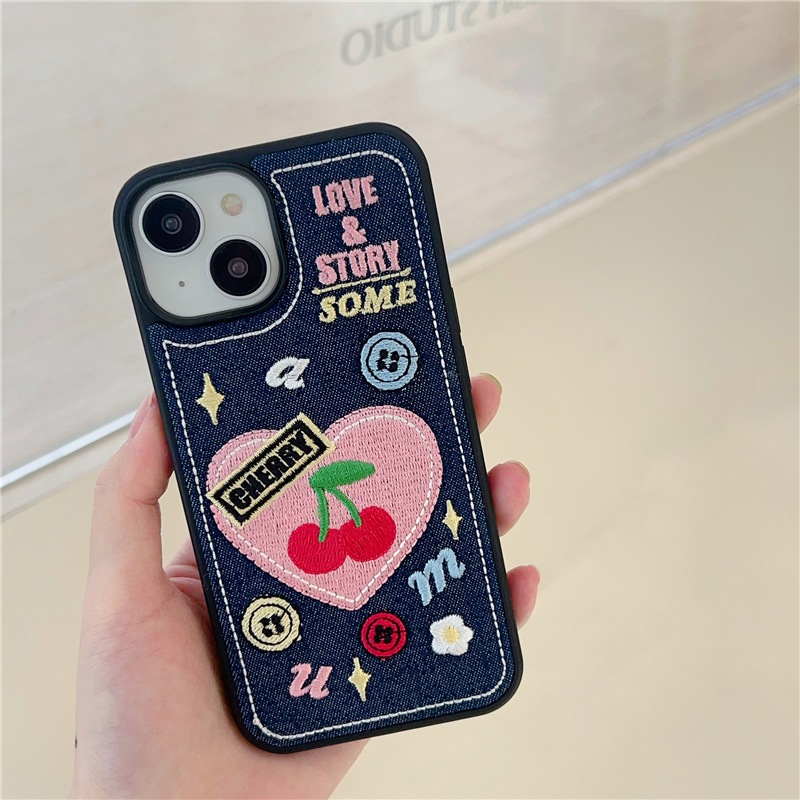 [13PM] SALE เคสลายหัวใจเชอรี่ ผ้ายีนส์ งานปัก เคสไอโฟน พร้อมส่ง เคสสำหรับ IPHONE CASE