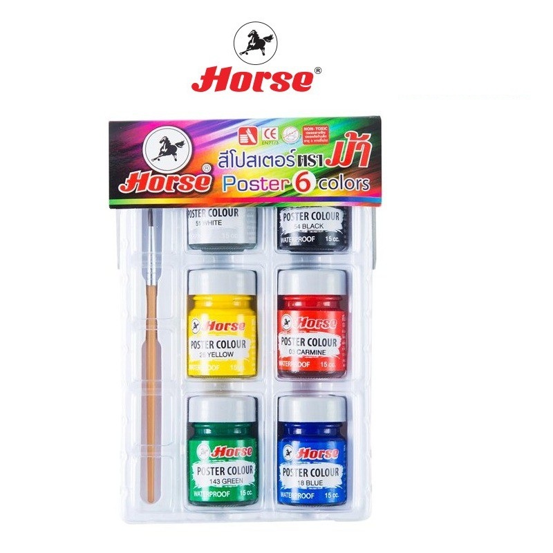 HORSE ตราม้าสีโปสเตอร์ชุด 6 สี +พู่กัน ถาดพลาสติก   จำนวน 1 ชุด