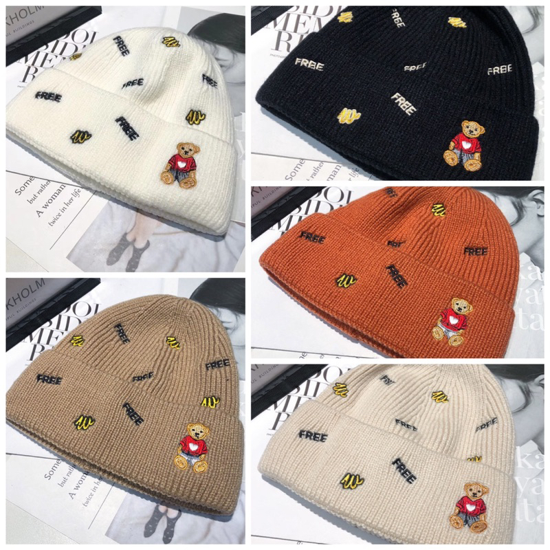 พร้อมส่ง หมวกไหมพรม ปักลายหมี