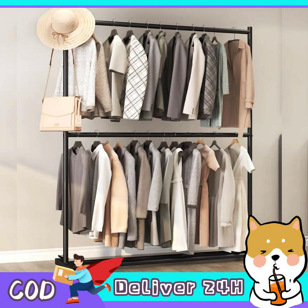 Dogegg ราวเเขวนผ้าแบบเหล็ก ราวแขวนเสื้อผ้า2ชั้น โครงเหล็กเเข็งเเรง ประกอบง่าย น้ำหนักเบา