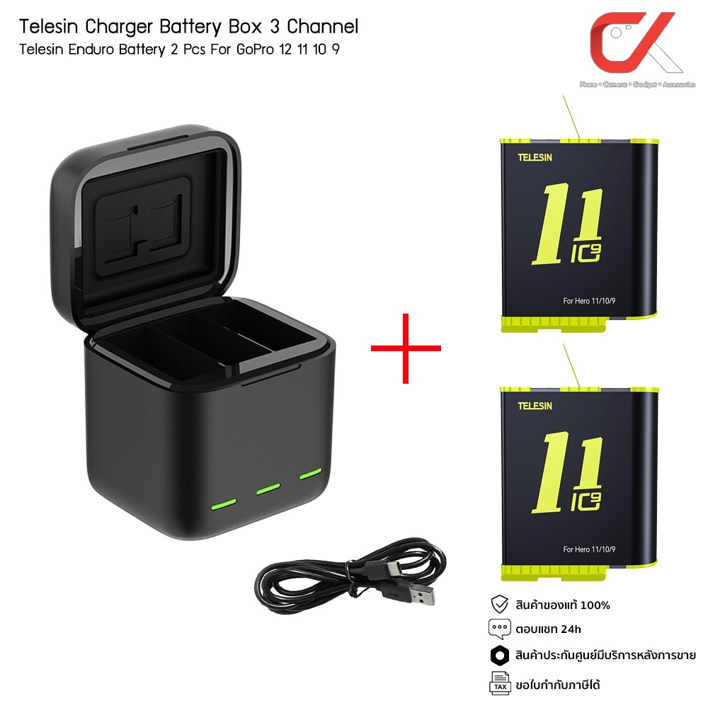 Telesin Rechargeable Enduro Battery for GoPro Hero 12 11 10 9 + Charger Battery Box 3 Channel แบตโกโปรพร้อมแท่นชาร์จ