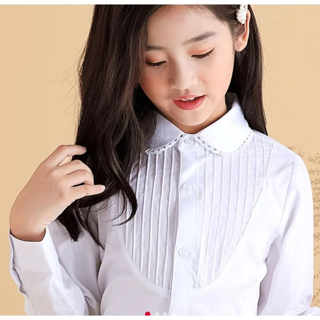 M0171 เสื้อเชิ้ตเด็กผู้หญิง แขนยาวสีขาว เสื้อเชิ้ตคอบัว แต่งลูกไม้ เย็บตีเกล็ด สวยสไตล์ลุคคุณหนู