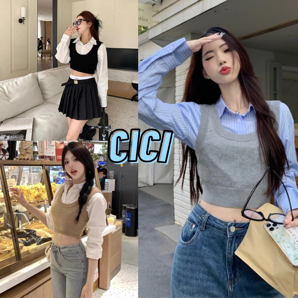 ส่งทันที Cici(NO. 01067)เสื้อครอปดีไซน์เก๋ เชิ๊ตคอปกแขนยาว เย็บติดคู่กับเสื้อกล้ามไหมพรม