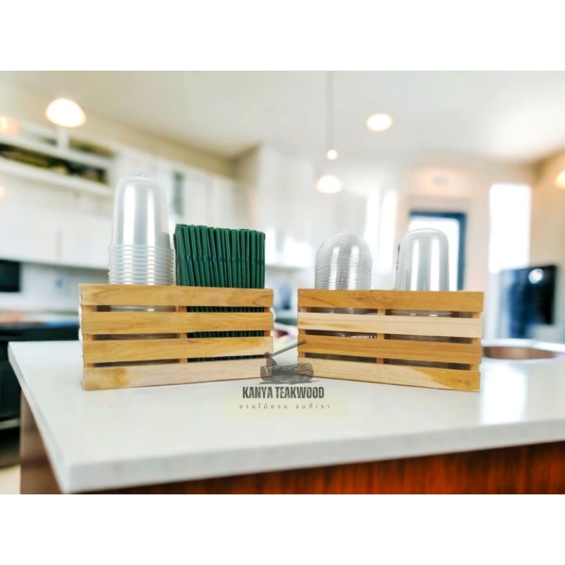 กล่องใส่แก้วกาแฟ16-32ออนซ์ 2ช่อง ใส่หลอด ใส่แก้วโอ่งได้ ไม้สัก  ค่าส่งถูกทักแชท