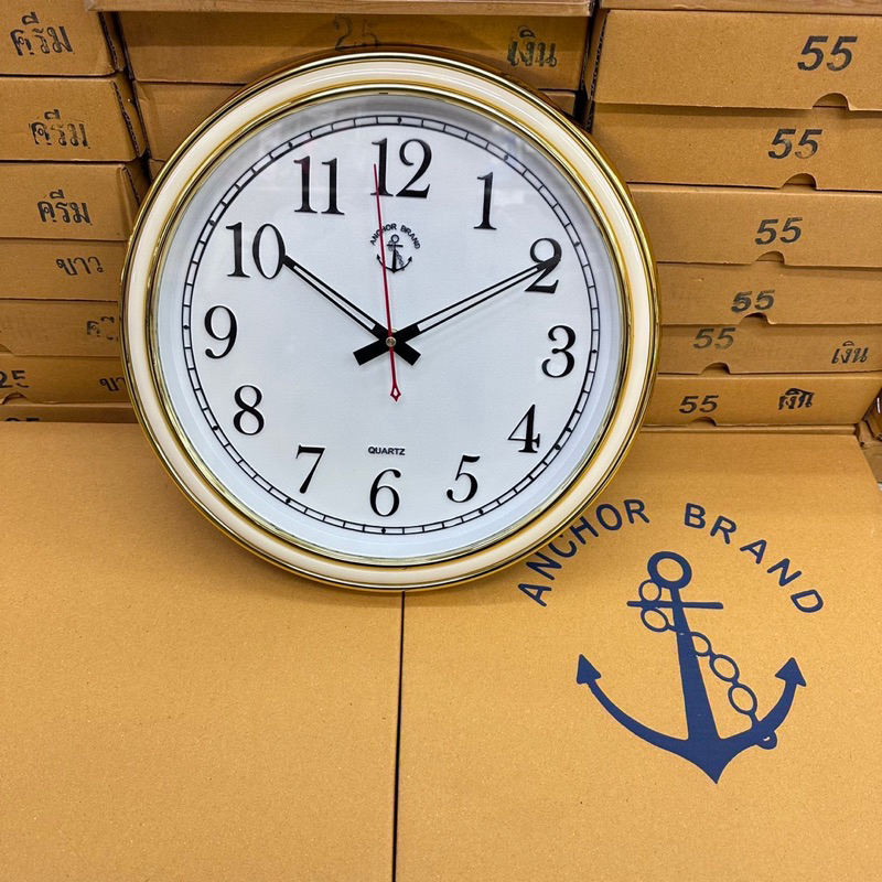 นาฬิกาแขวน ตรา สมอ ⚓️ Anchor Brand 66 ตัวเลขนูนพลาสติก หน้ากว้าง 12นิ้ว เครื่องเดินกระตุก แถมถ่าย2A ดี ขอบชุบสีทอง