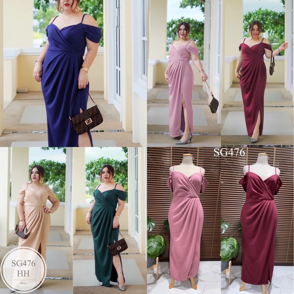 SG476 ชุดราตรี สาว plussize #สาวอวบ งานผ้ายืด ใส่กระชับ สายเดี่ยวคล้องแขน กระโปรงจีบพรางหุ่น ชุดราตรีผ้ามิลินยืดใส่กระ