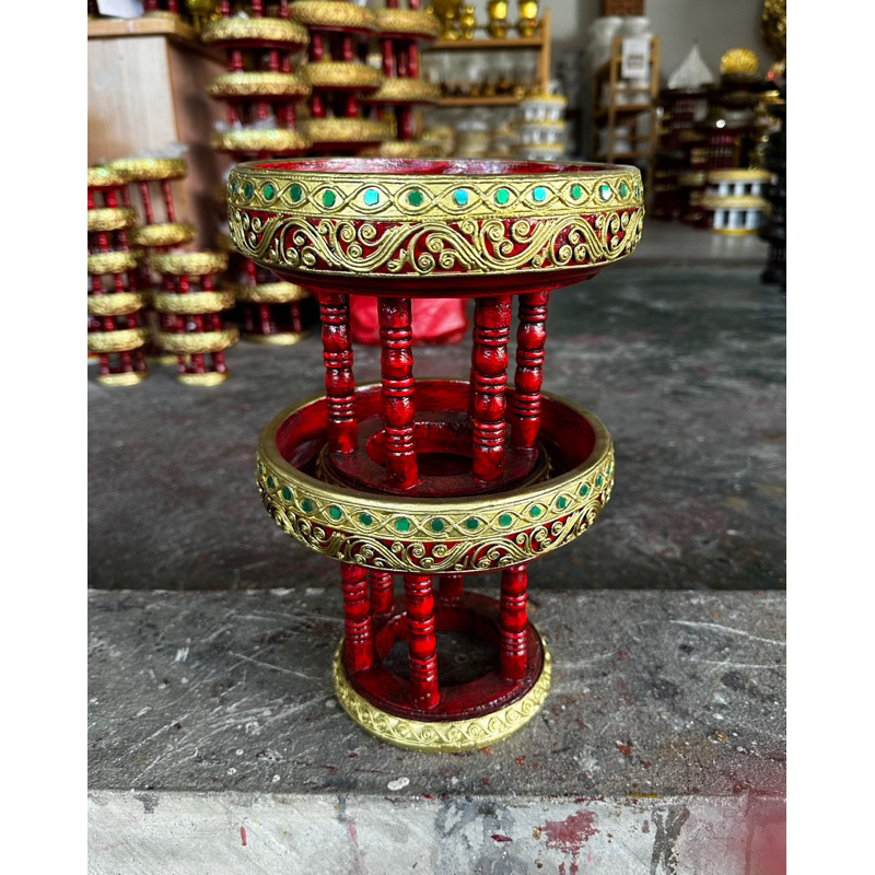 ขันโตก ขาห่าง ขนาด 8 นิ้ว สูง 8 นิ้ว สีแดง ลายไทย