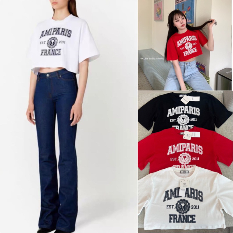 Paris crop top เสื้อยืดทรงครอปแขนสั้น ทรงสวยมากค่า ลายสกรีนอักษรโลโก้ด้านหน้างานดีมาก
