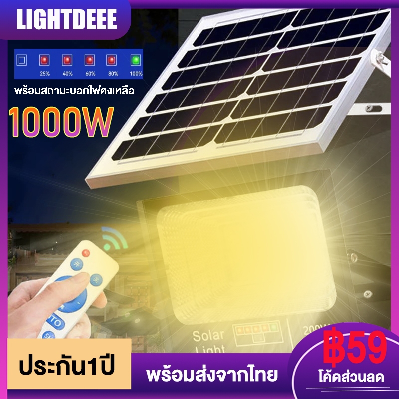 แสงวอร์ม1000W ไฟโซล่าเซลล์ โคมไฟพลังงงานแสงอาทิตย์พร้อมไฟบอกสถานะ เหมาะสำหรับหน้าบ้าน ลาน สนามหญ้าและโรงรถ