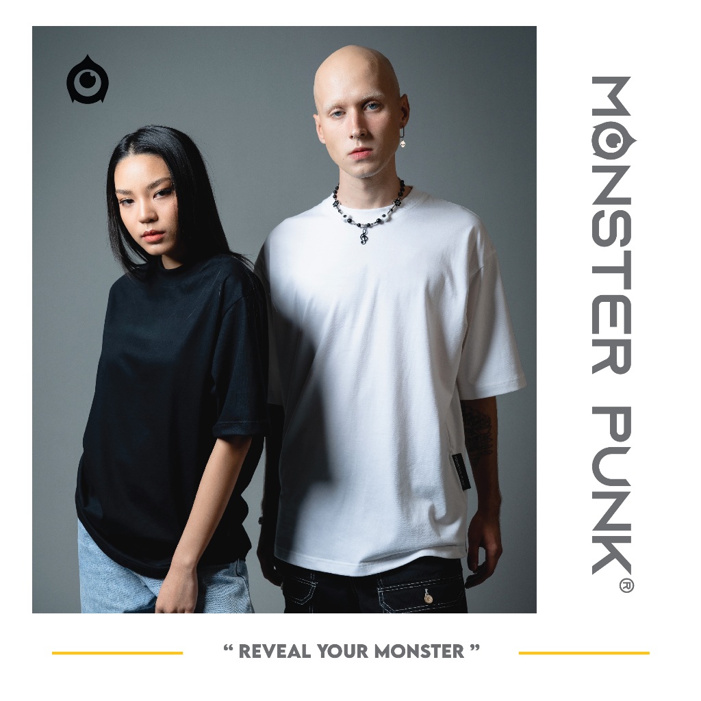 Monster Punk เสื้อยืดโอเวอร์ไซส์ คอกลม ปักลายด้านหลัง ผ้านุ่มใส่สบาย Oversized