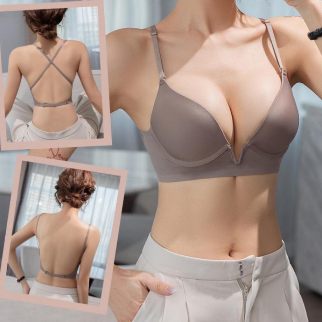 ✨w&c bras✨บราวีลึกเซ็กซี่เรียบง่าย ห่วงเหล็กเนื้อนุ่ม หลังสวย เจลลี่สตริปไร้ตะเข็บ บรามันเงา ny062