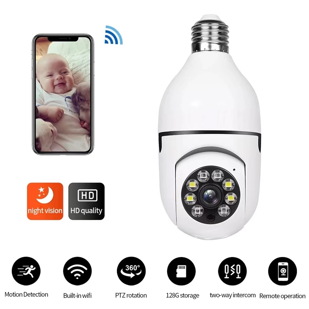กล้องหลอดไฟ A6 กล้องตรวจสอบระยะไกล WiFi 360 องศาหัวโคมไฟสีความละเอียดสูงบ้านอัจฉริยะ