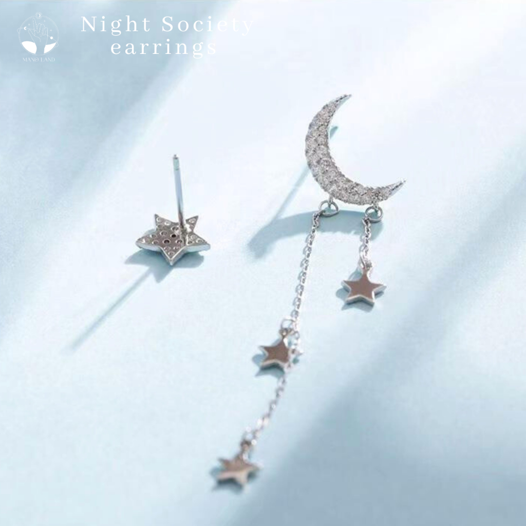 MNL💗ต่างหูแป้น Night Society สองข้างไม่เหมือนกัน รูปพระจันทร์ ดาว แฟชั่นเงินแท้ ผู้หญิง เครื่องประดับมินิมอล ใส่เท่ๆ