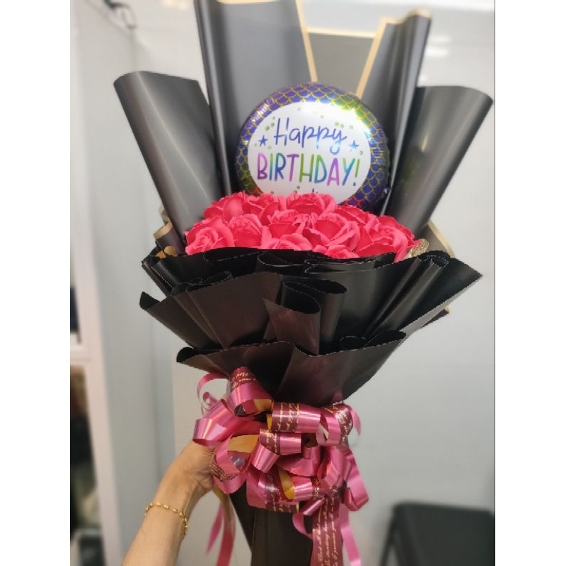 Rose flowers bouquet happy birthday balloon