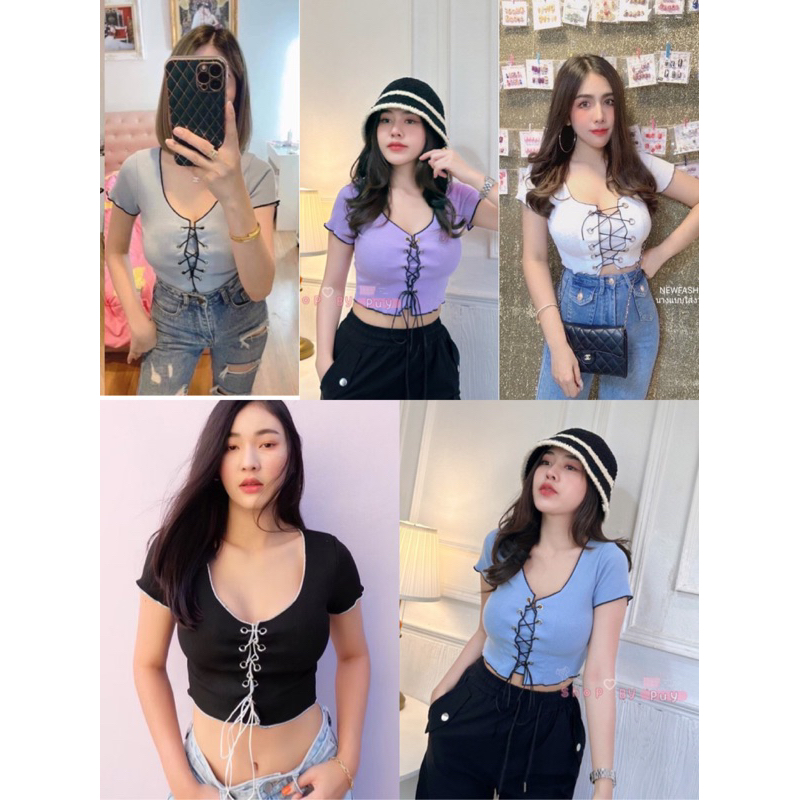 เสื้อครอปแต่งเชือกเจาะตาไก่แซ่บๆ